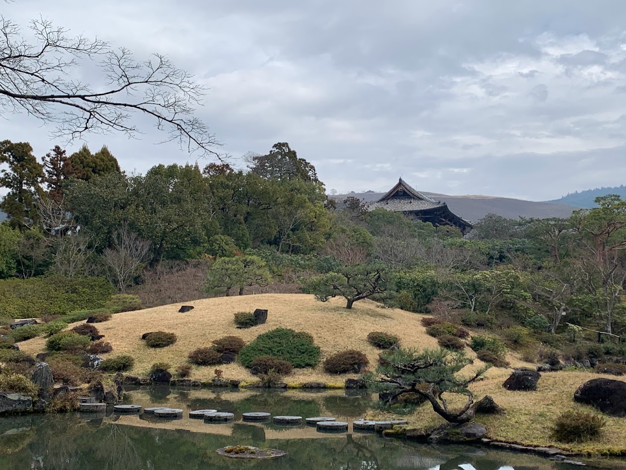 依水園の芝の庭と大仏殿の屋根の写真