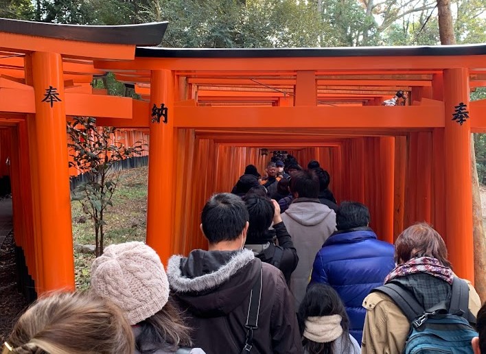 伏見稲荷の赤い鳥居と人々の写真